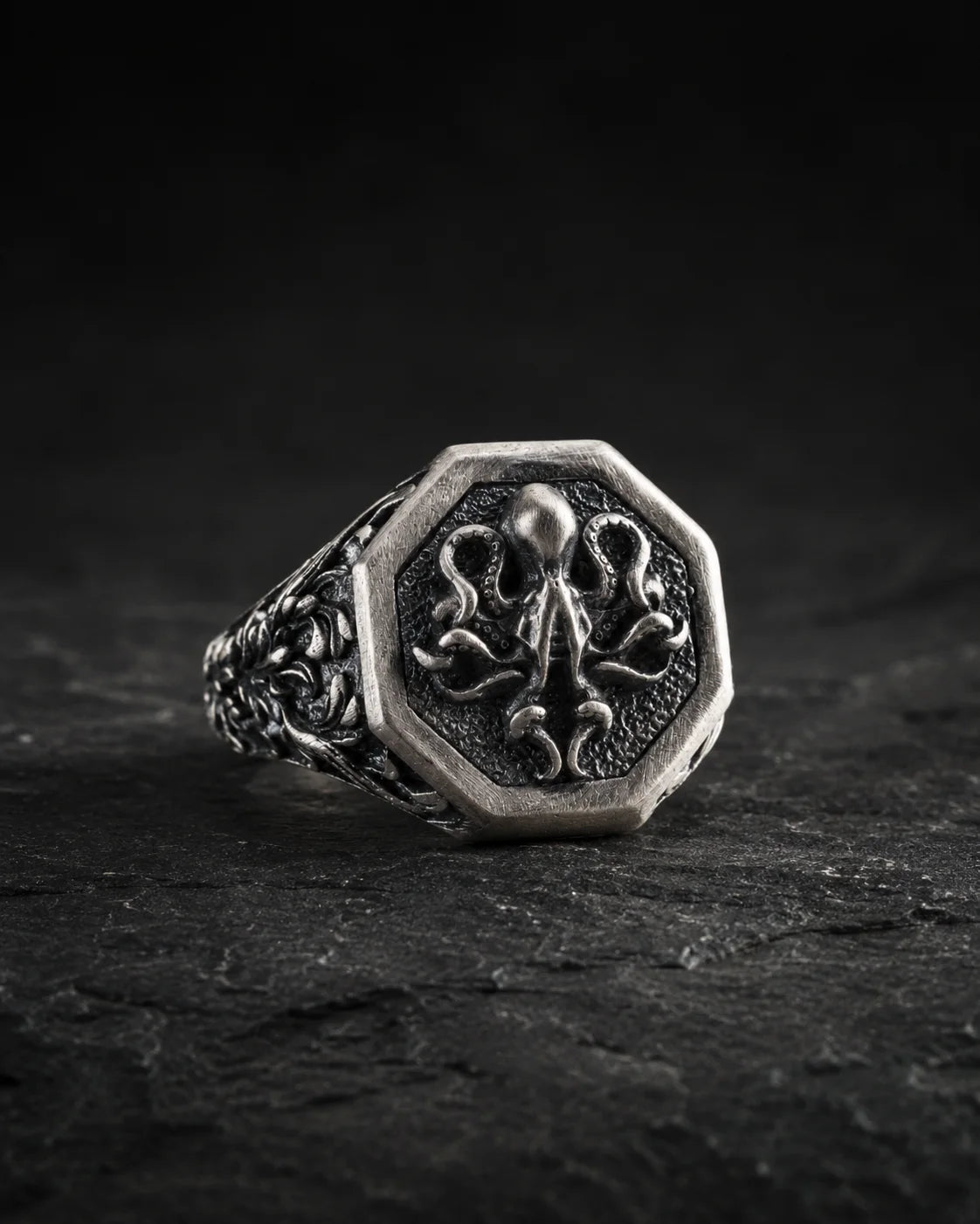 Detailed Octopus Tentacle Signet Ring  Ring Charmora Jewelry