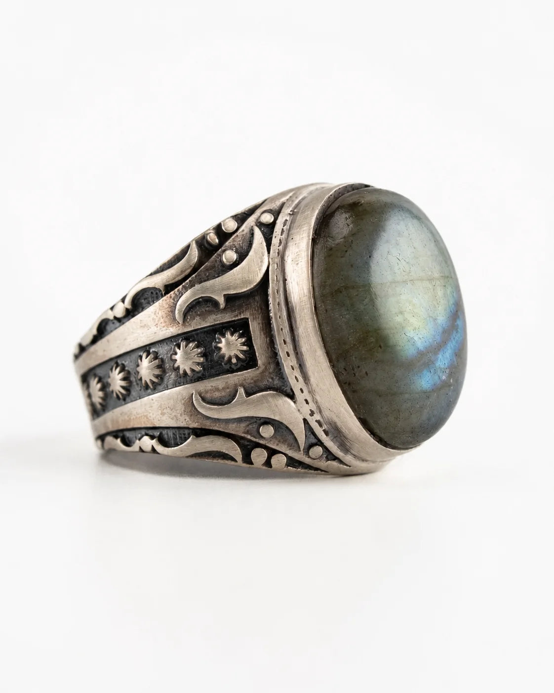 Labradorite Oval Relief Motif Ring  Ring Charmora Jewelry