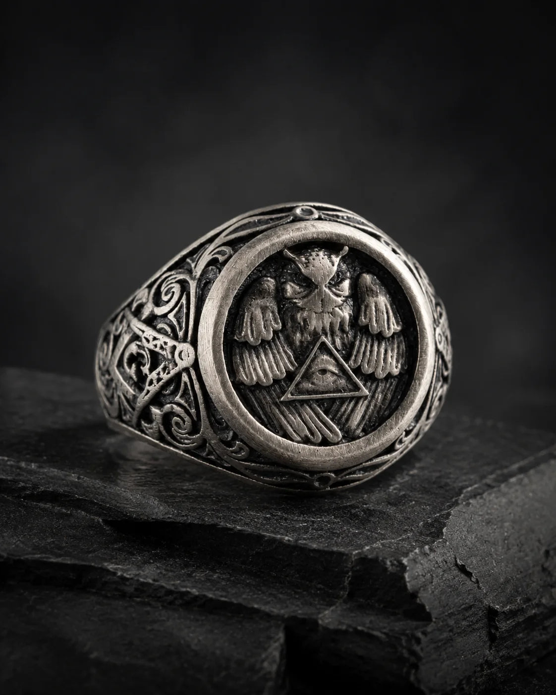 Athena Owl Relief Motif Signet Ring  Ring Charmora Jewelry