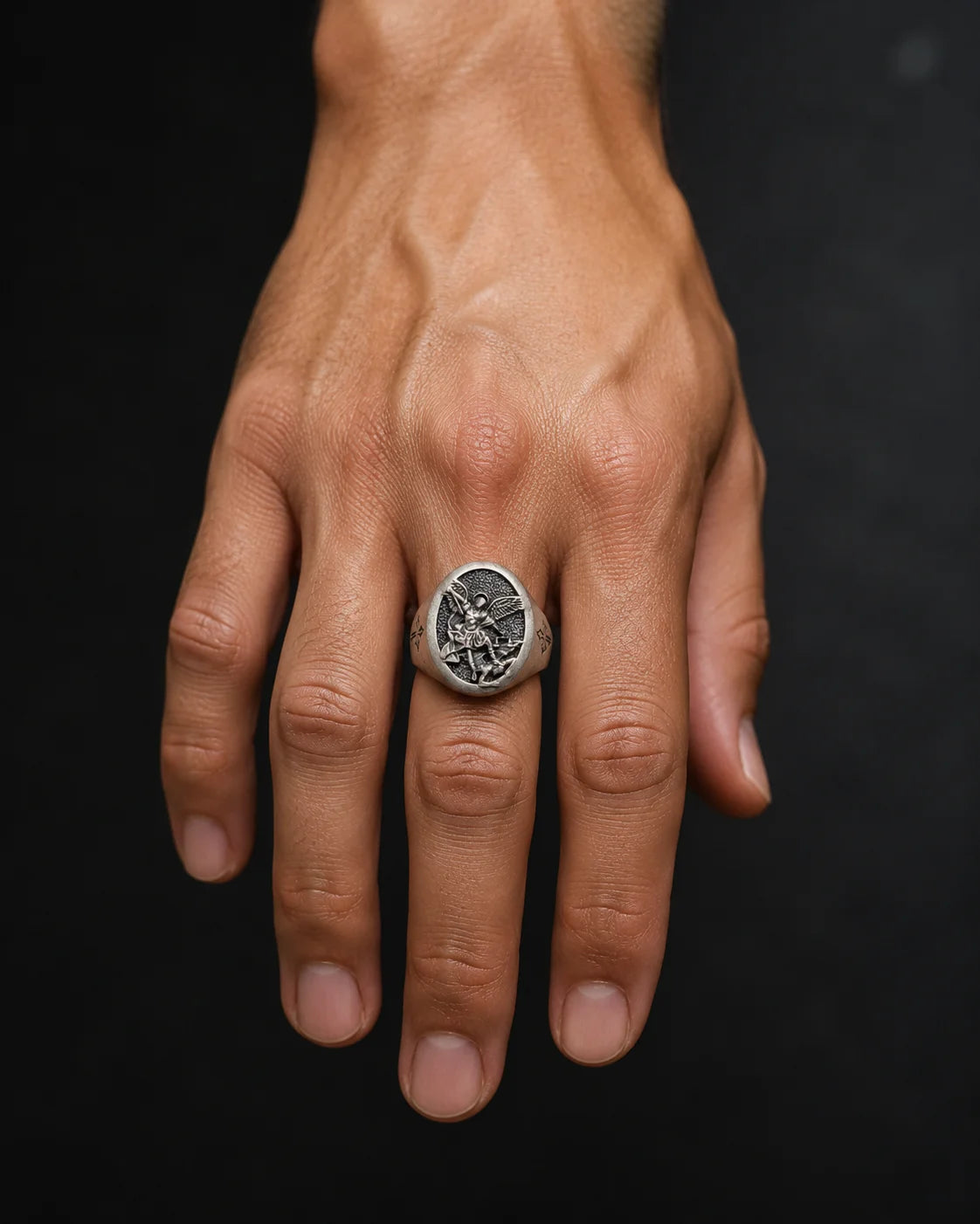 St Michael Archangel Relief Motif Signet Ring  Ring Charmora Jewelry