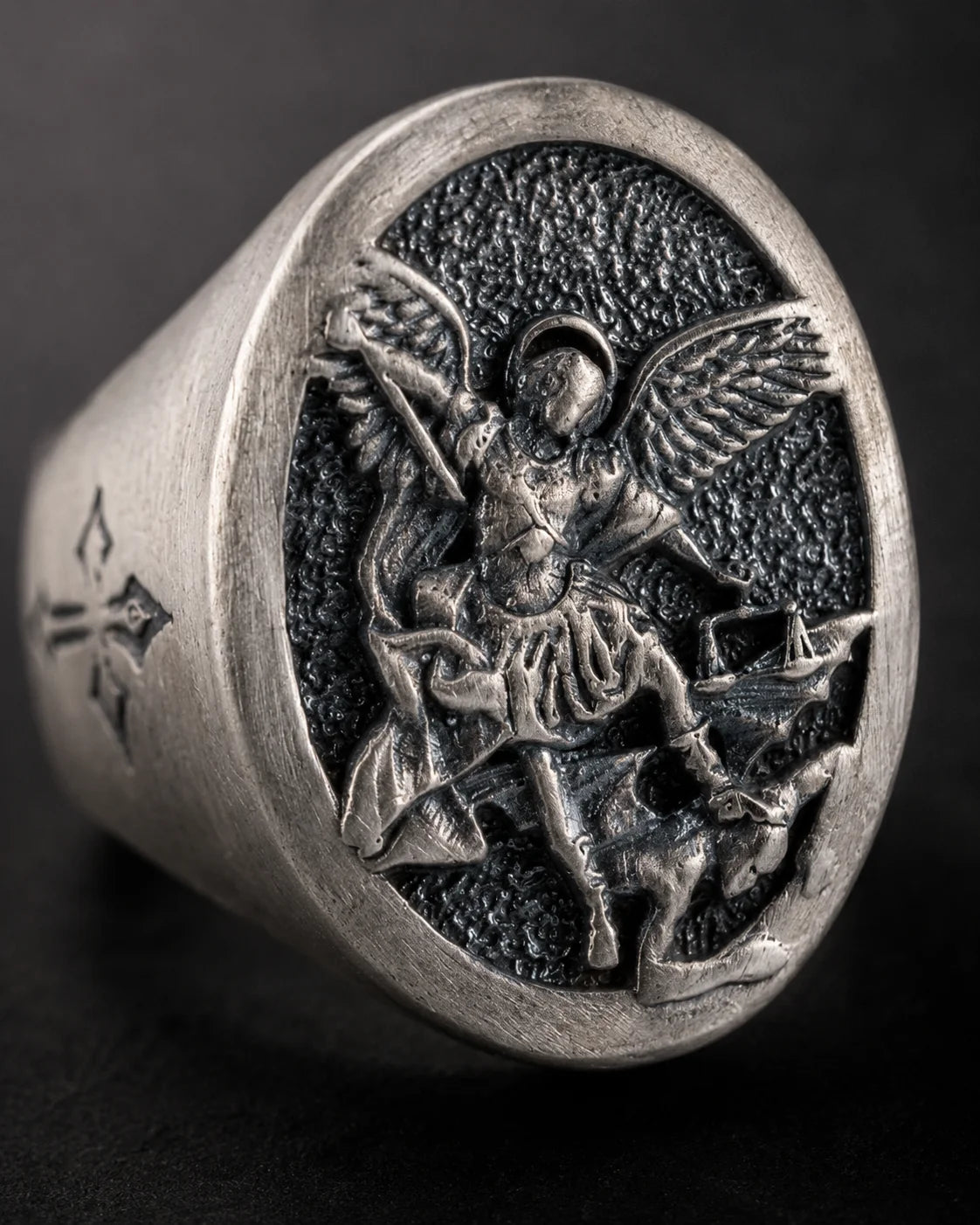 St Michael Archangel Relief Motif Signet Ring  Ring Charmora Jewelry