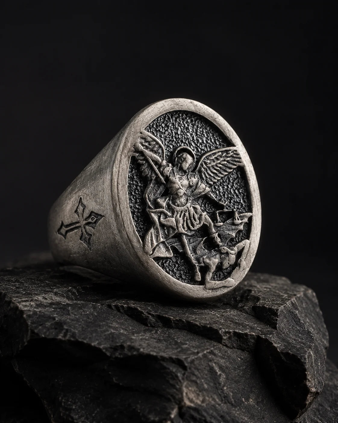 St Michael Archangel Relief Motif Signet Ring  Ring Charmora Jewelry