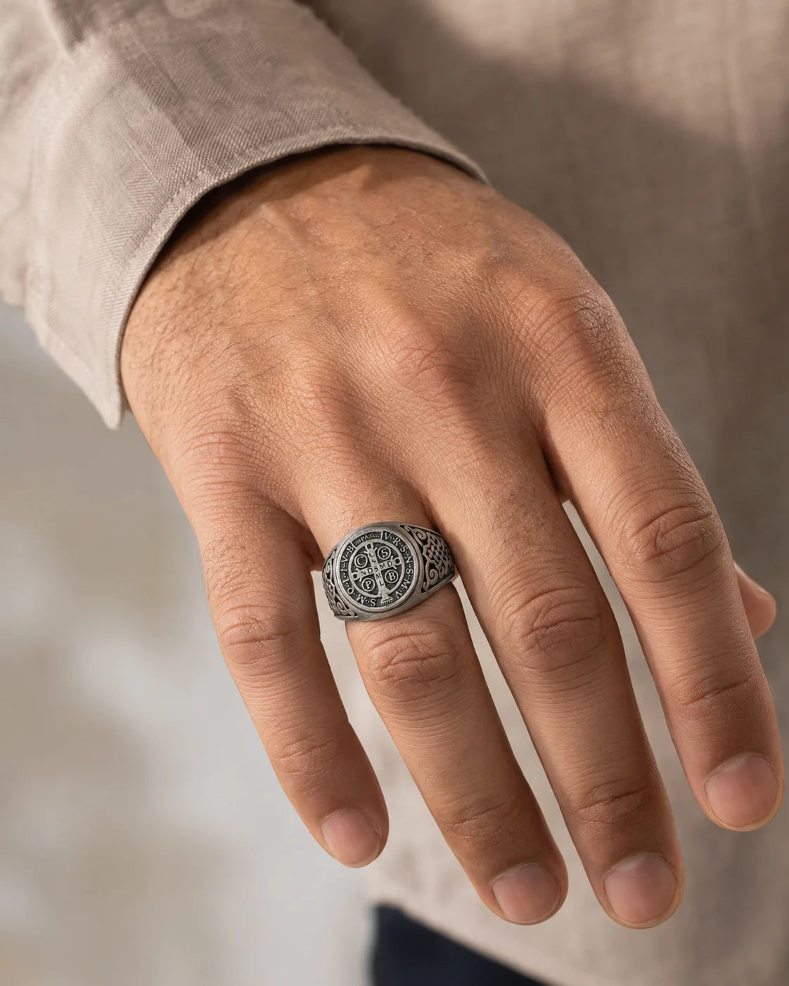 St Benedict Relief Motif Signet Ring  Ring Charmora Jewelry