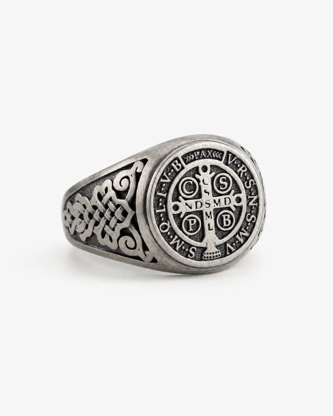 St Benedict Relief Motif Signet Ring  Ring Charmora Jewelry