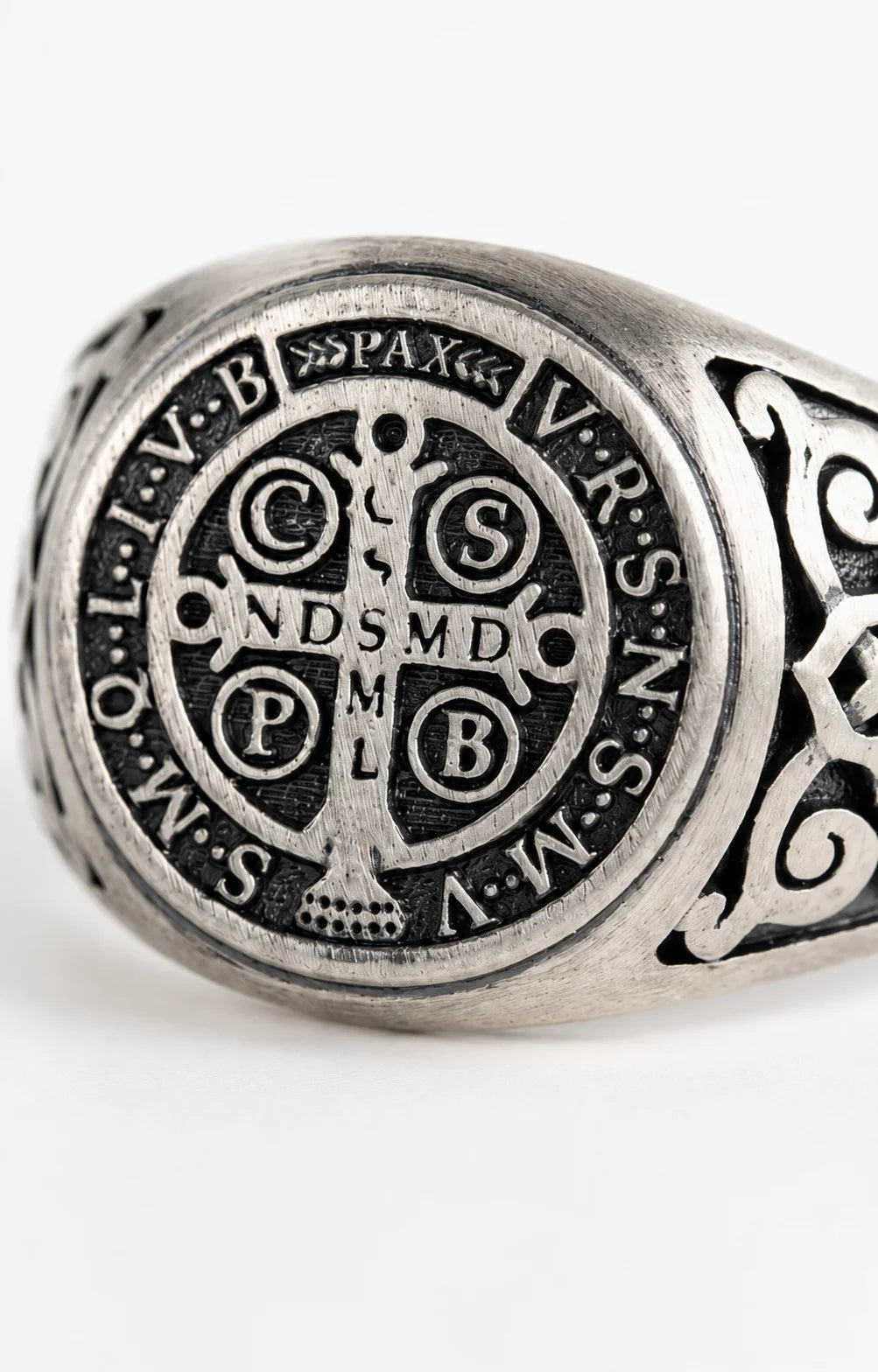 St Benedict Relief Motif Signet Ring  Ring Charmora Jewelry