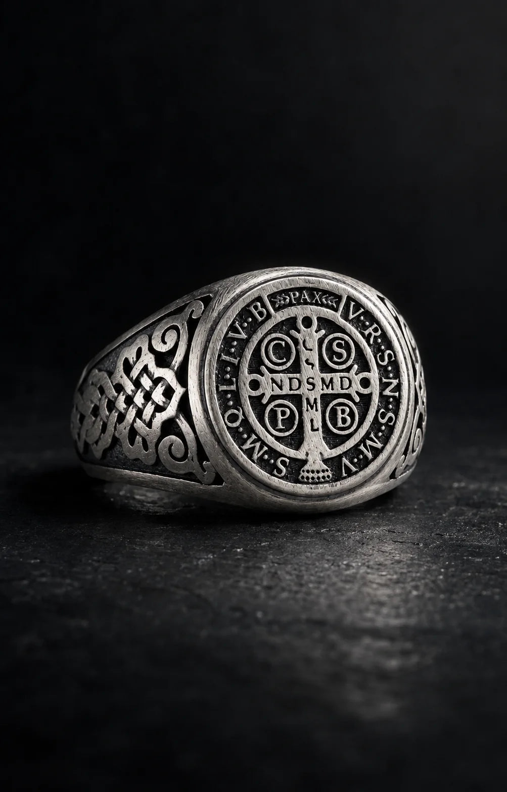 St Benedict Relief Motif Signet Ring  Ring Charmora Jewelry
