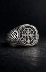 St Benedict Relief Motif Signet Ring  Ring Charmora Jewelry