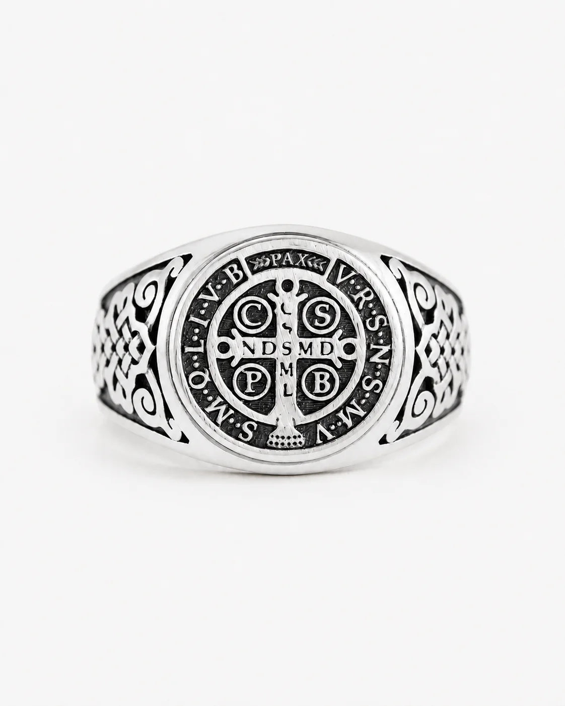 St Benedict Relief Motif Signet Ring  Ring Charmora Jewelry