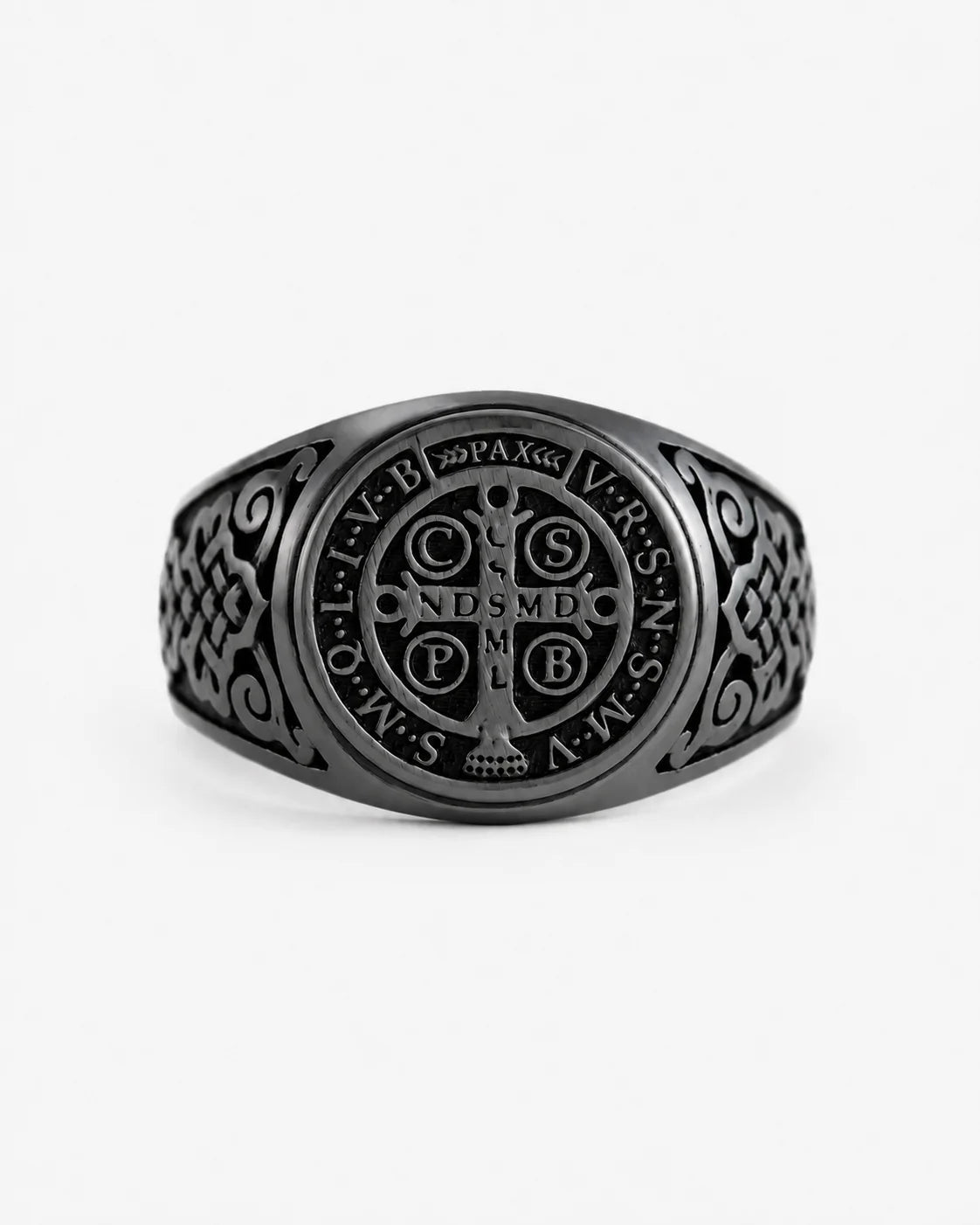 St Benedict Relief Motif Signet Ring  Ring Charmora Jewelry