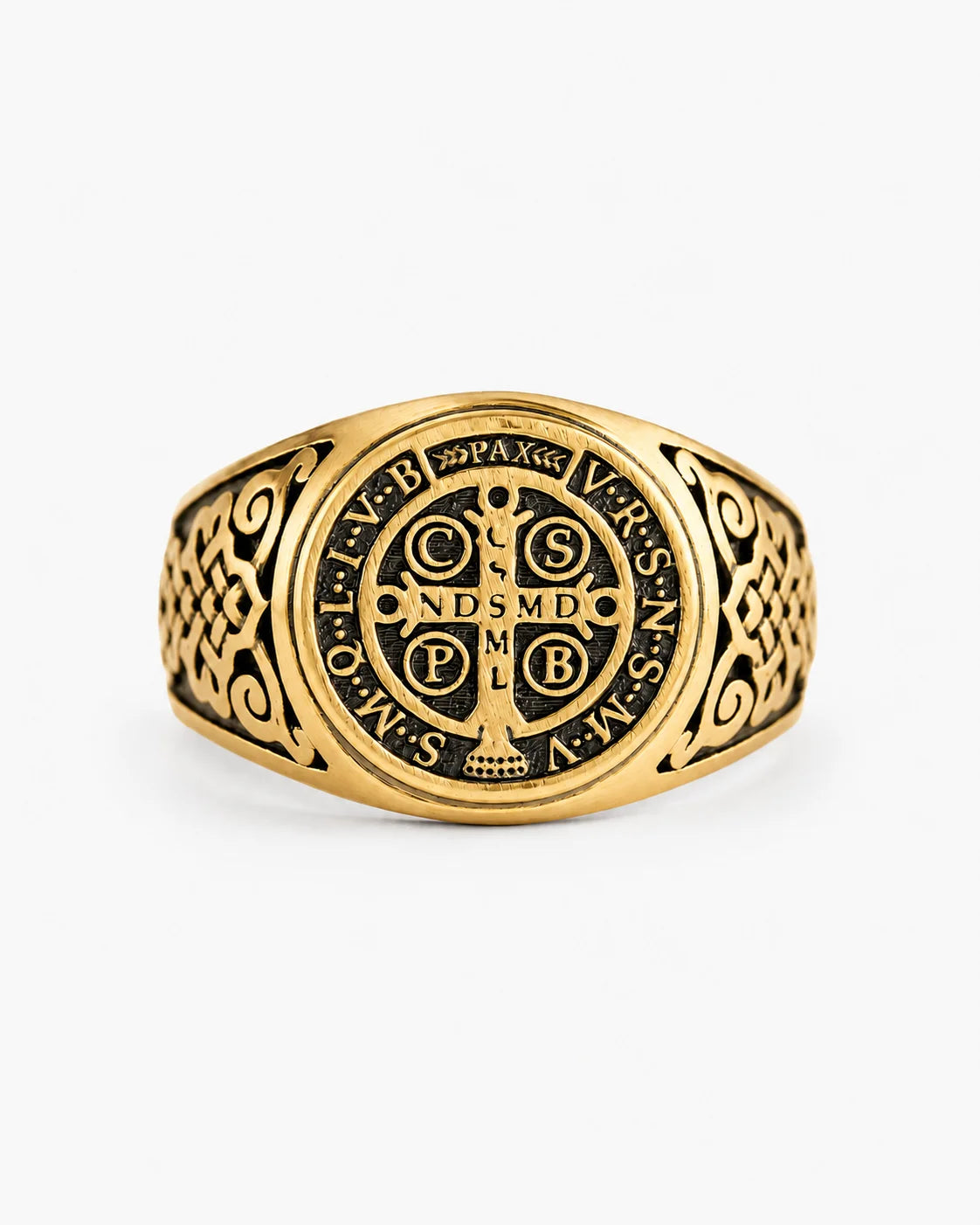 St Benedict Relief Motif Signet Ring  Ring Charmora Jewelry