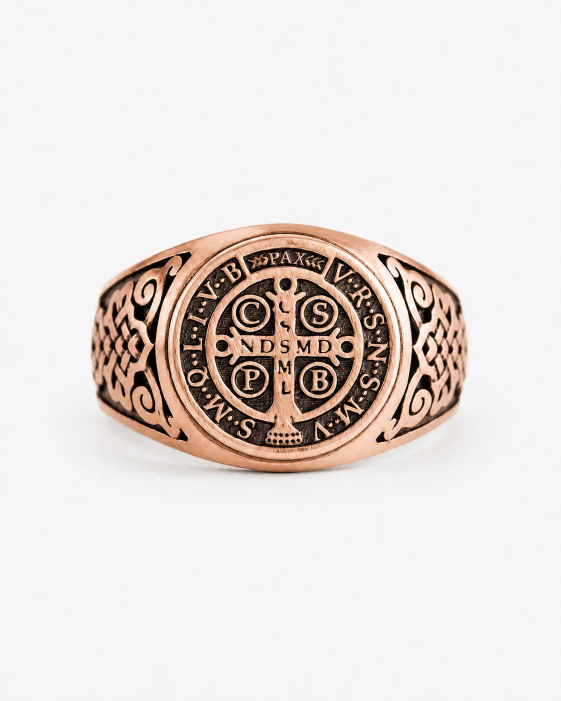 St Benedict Relief Motif Signet Ring  Ring Charmora Jewelry