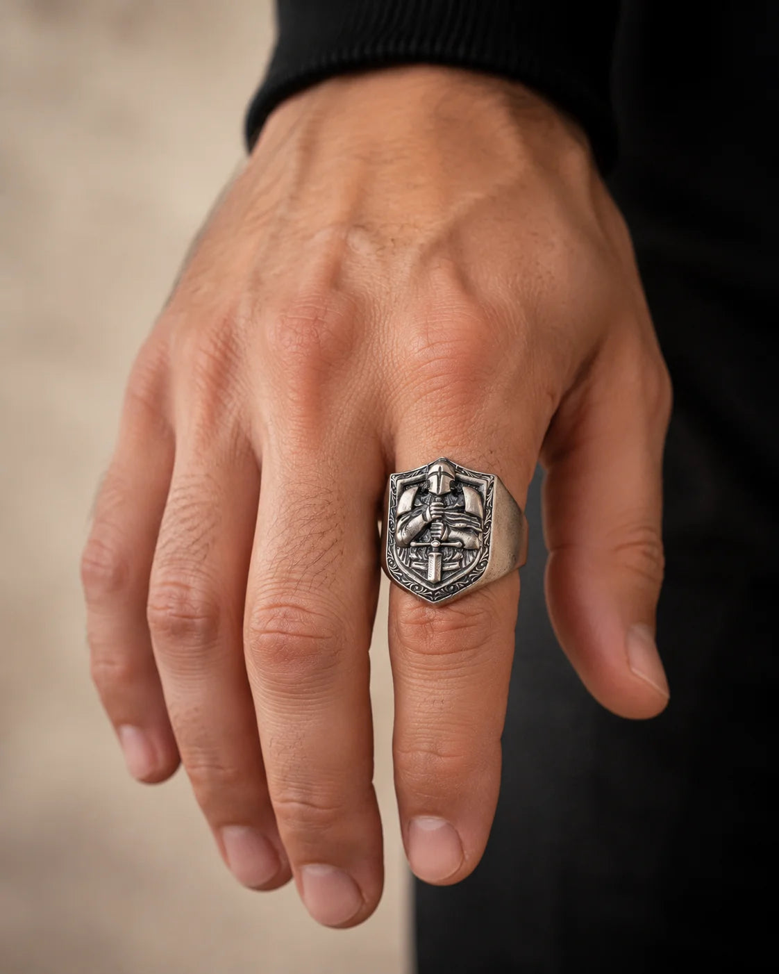 Knight Crusader Relief Motif Ring  Ring Charmora Jewelry