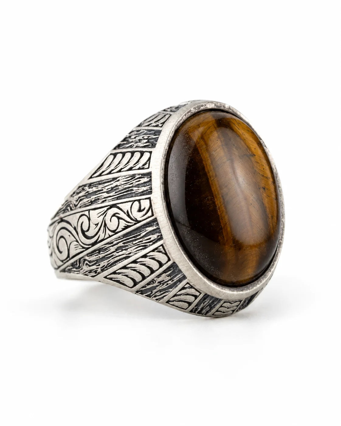Tiger's Eye Floral Relief Motif Signet Ring  Ring Charmora Jewelry