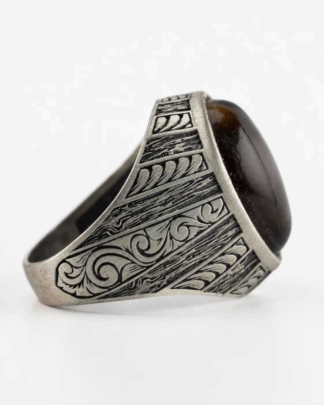Tiger's Eye Floral Relief Motif Signet Ring  Ring Charmora Jewelry