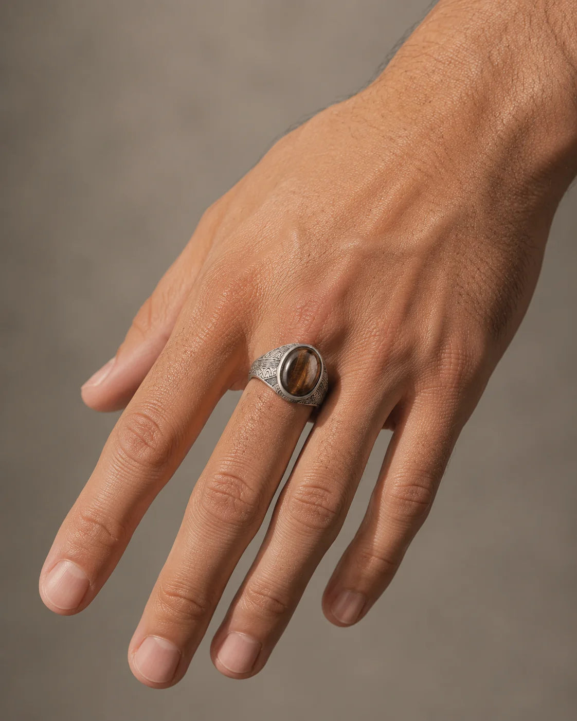 Tiger's Eye Floral Relief Motif Signet Ring  Ring Charmora Jewelry