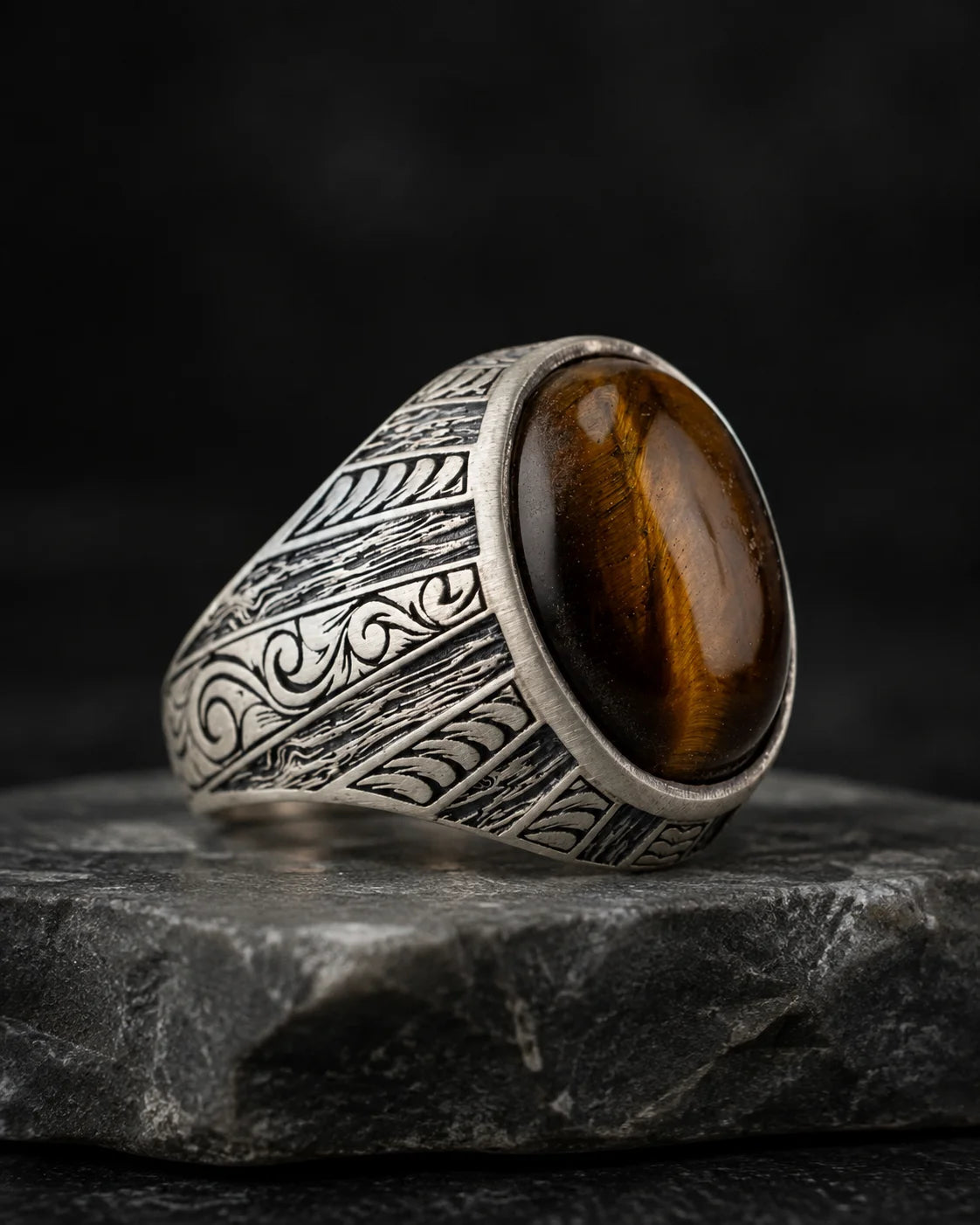Tiger's Eye Floral Relief Motif Signet Ring  Ring Charmora Jewelry