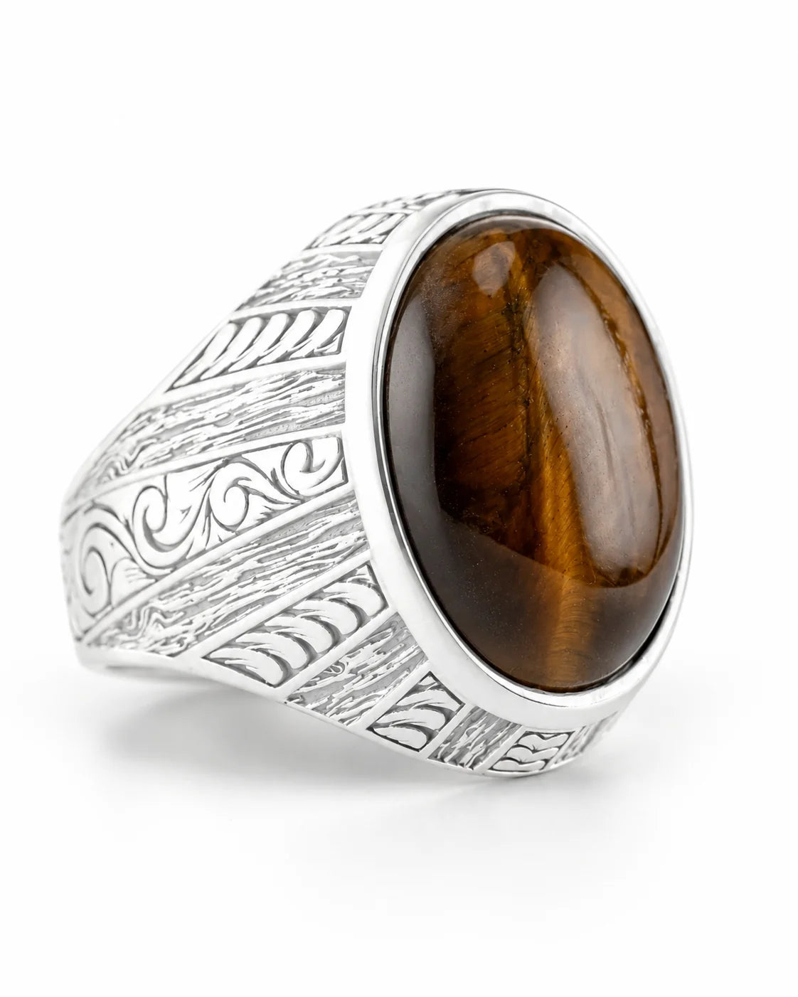 Tiger's Eye Floral Relief Motif Signet Ring  Ring Charmora Jewelry