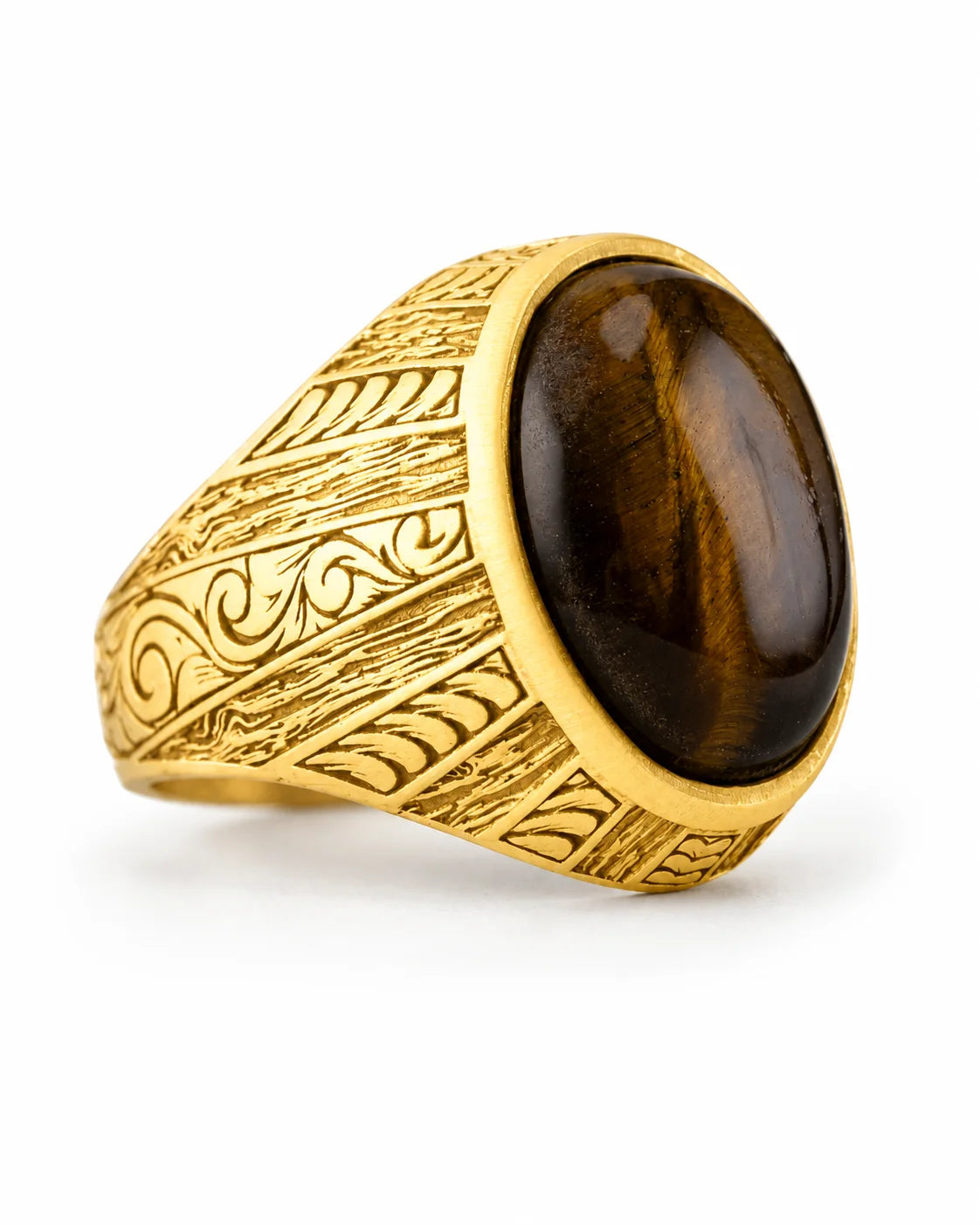 Tiger's Eye Floral Relief Motif Signet Ring  Ring Charmora Jewelry