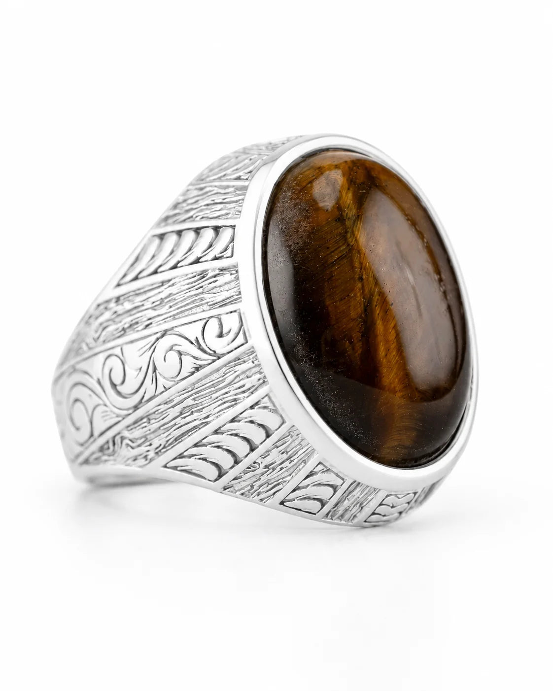 Tiger's Eye Floral Relief Motif Signet Ring  Ring Charmora Jewelry
