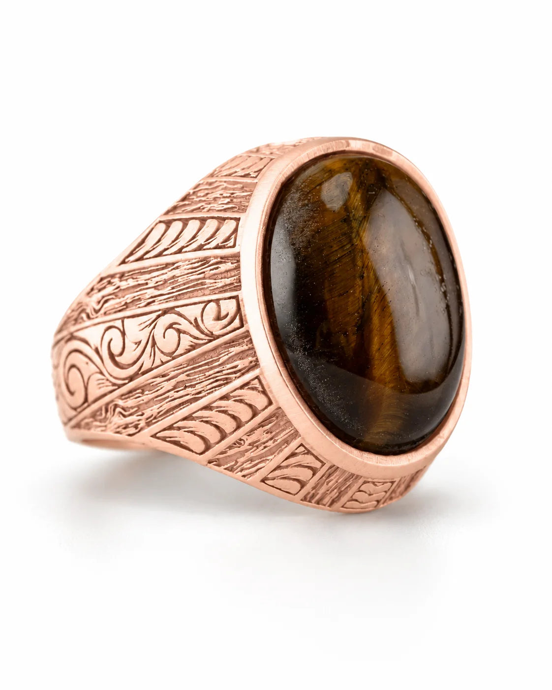 Tiger's Eye Floral Relief Motif Signet Ring  Ring Charmora Jewelry