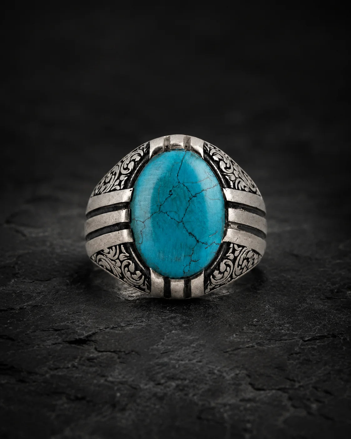 Ottoman Relief Motif Turquoise Ring  Ring Charmora Jewelry