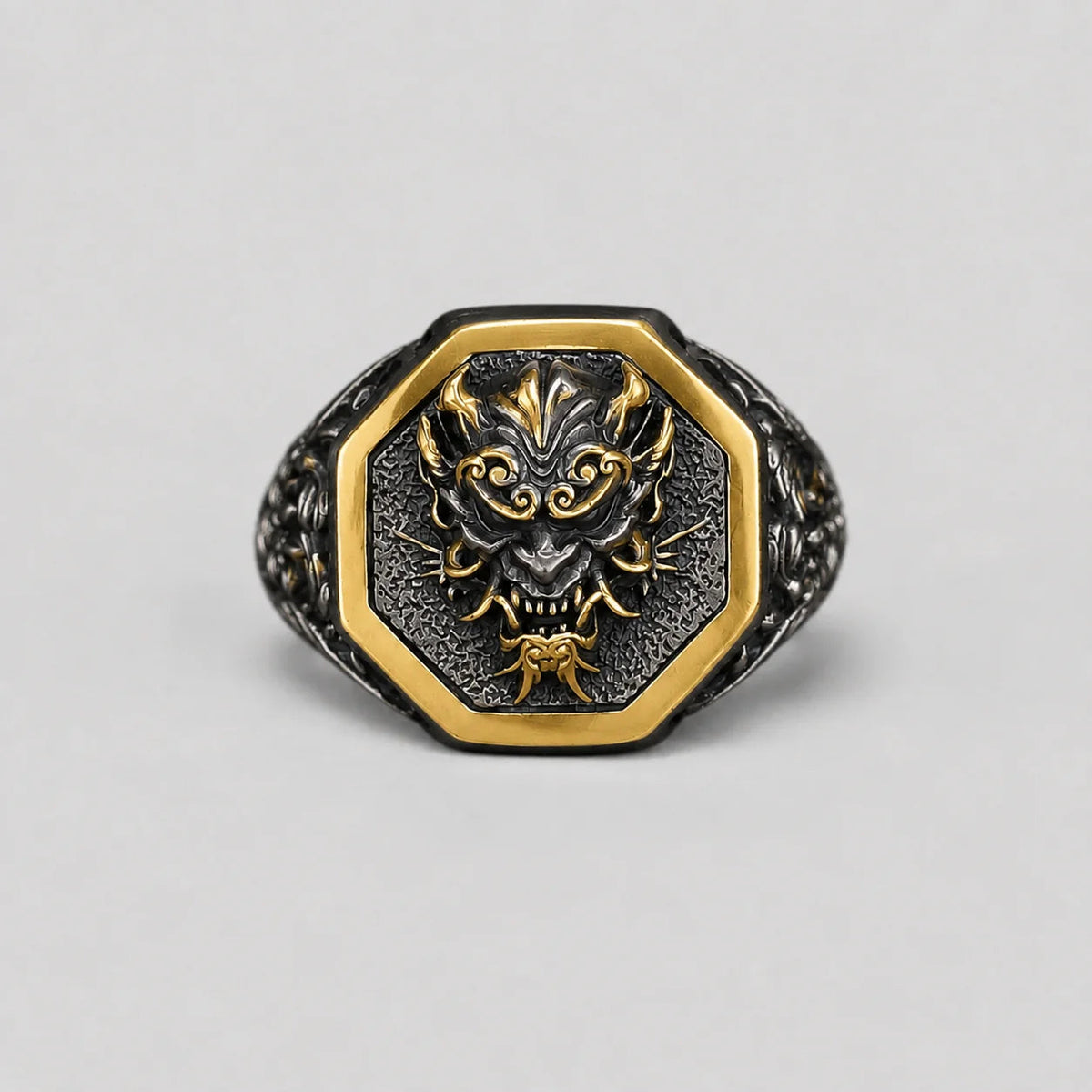 Japanese Oni Mask Relief Signet Ring  Ring Charmora Jewelry