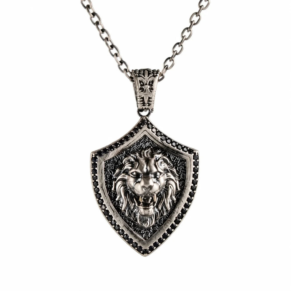 Onyx Bordered Lion Head Shield Necklace  Necklace Charmora Jewelry