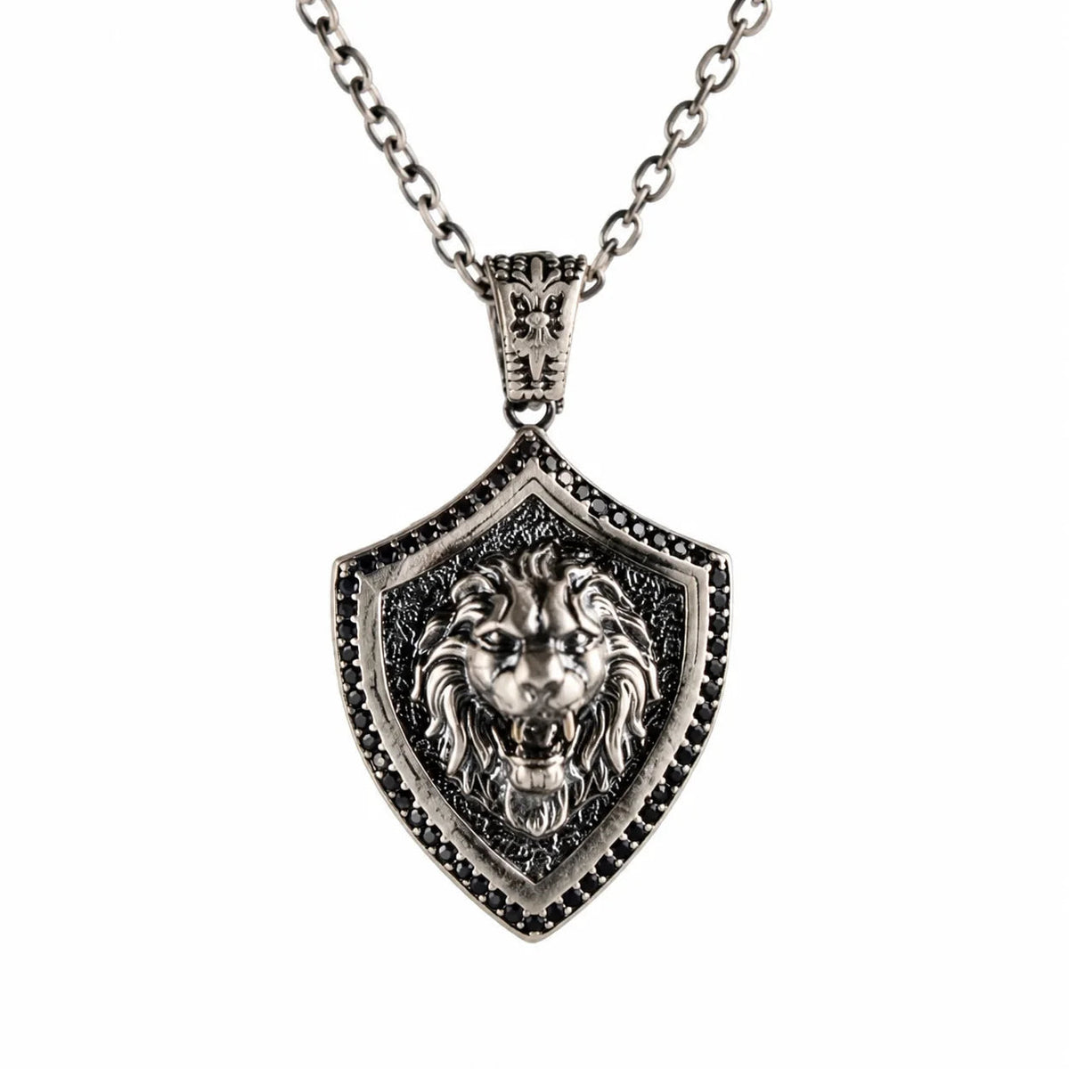 Onyx Bordered Lion Head Shield Necklace  Necklace Charmora Jewelry