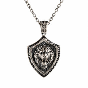 Onyx Bordered Lion Head Shield Necklace  Necklace Charmora Jewelry