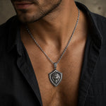 Onyx Bordered Lion Head Shield Necklace  Necklace Charmora Jewelry