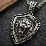 Onyx Bordered Lion Head Shield Necklace  Necklace Charmora Jewelry