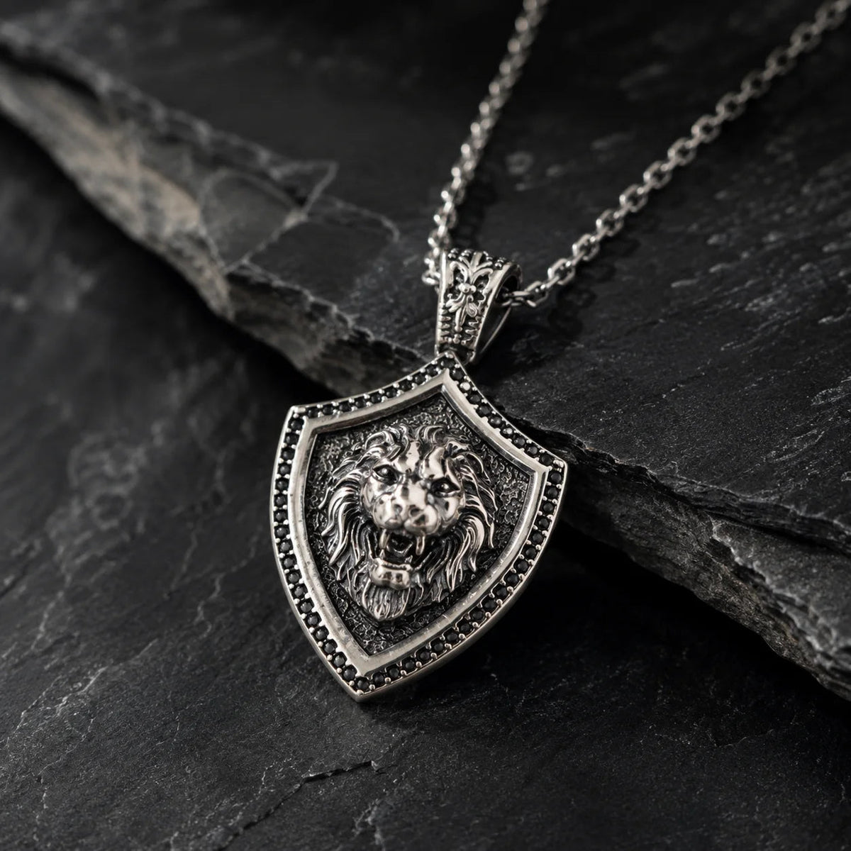 Onyx Bordered Lion Head Shield Necklace  Necklace Charmora Jewelry