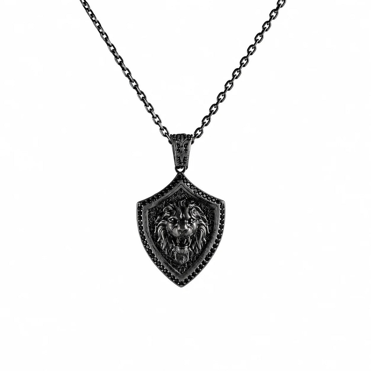 Onyx Bordered Lion Head Shield Necklace  Necklace Charmora Jewelry