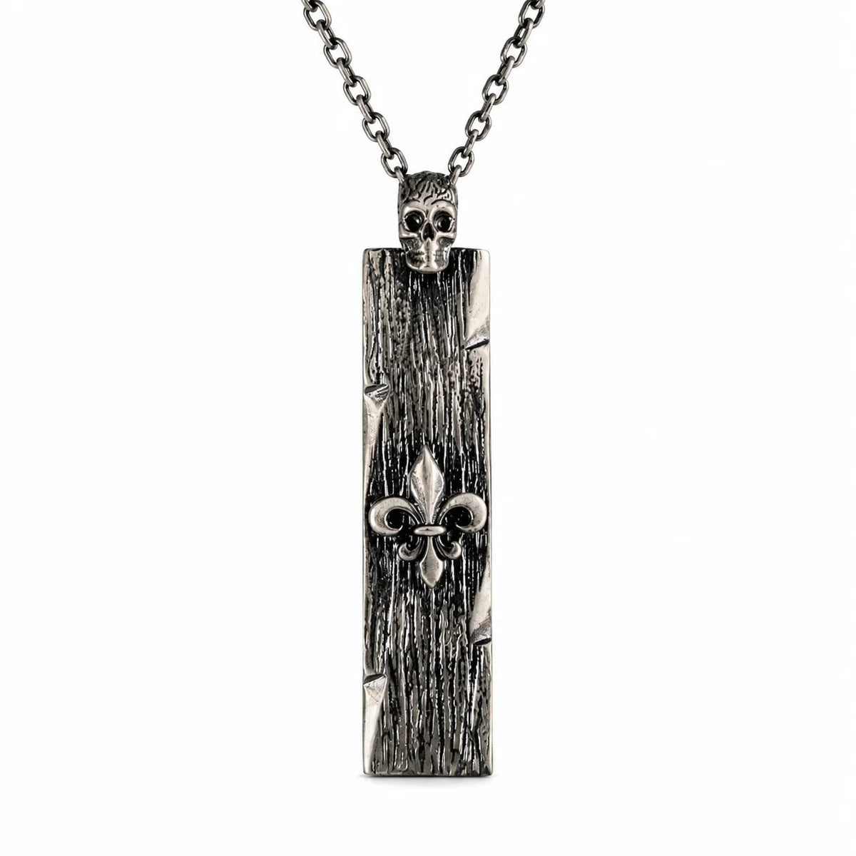 Wood Grain Fleur De Lis Skull Bar  Necklace Charmora Jewelry