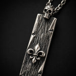 Wood Grain Fleur De Lis Skull Bar  Necklace Charmora Jewelry