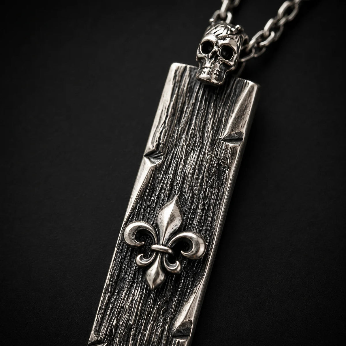 Wood Grain Fleur De Lis Skull Bar  Necklace Charmora Jewelry