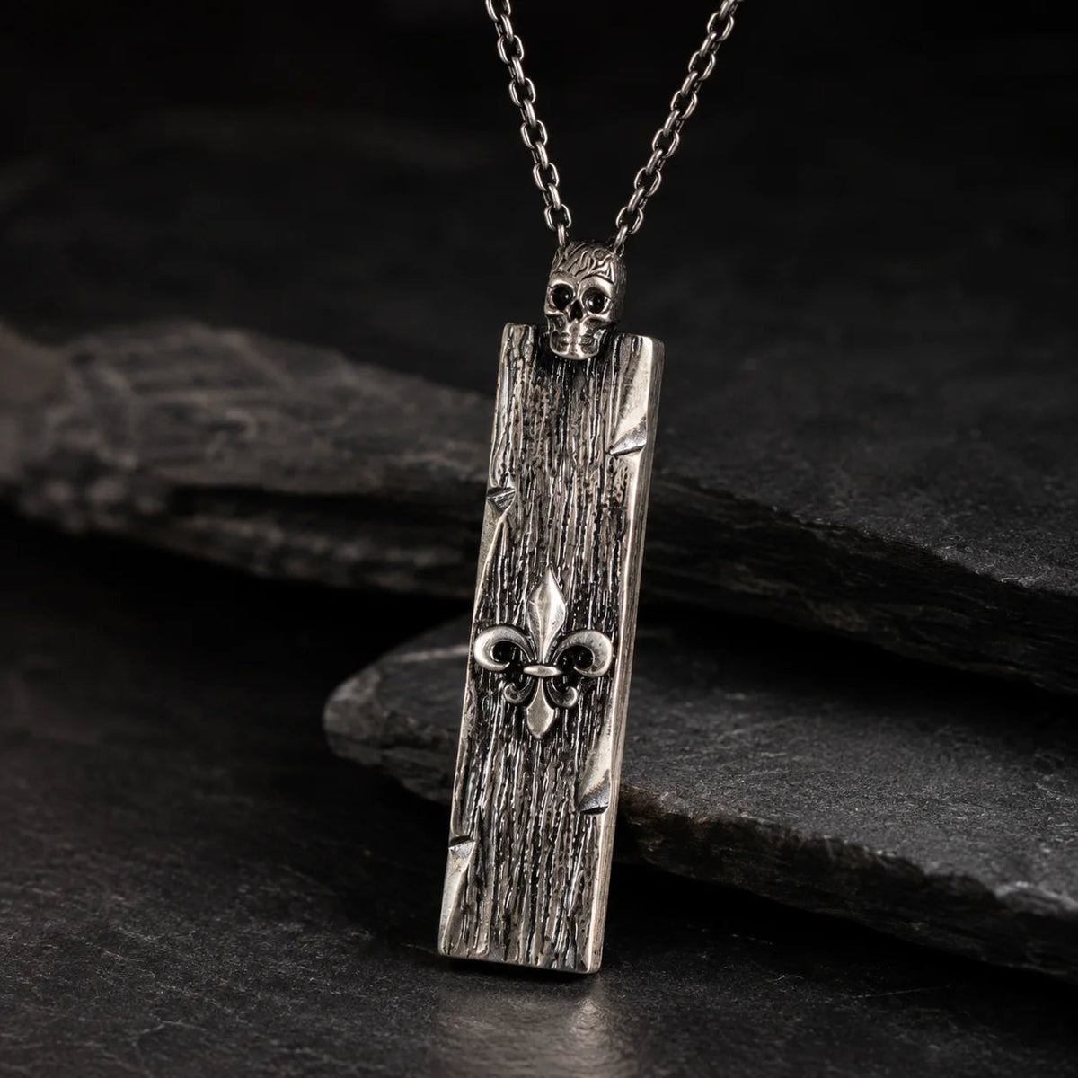 Wood Grain Fleur De Lis Skull Bar  Necklace Charmora Jewelry