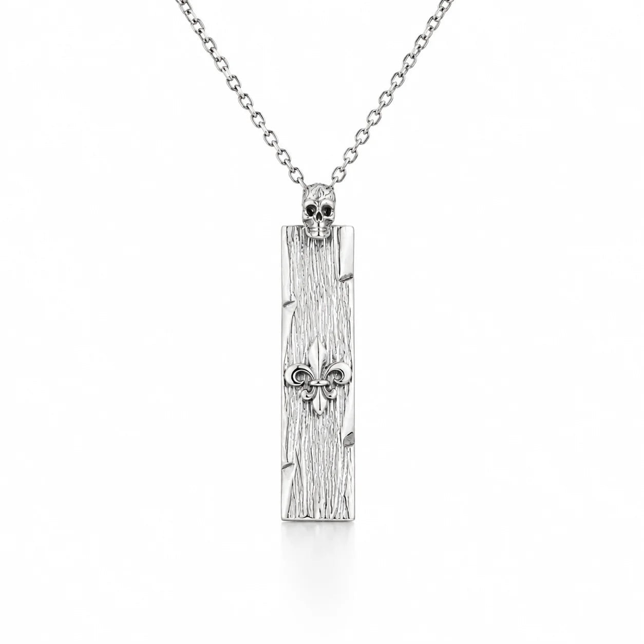 Wood Grain Fleur De Lis Skull Bar  Necklace Charmora Jewelry