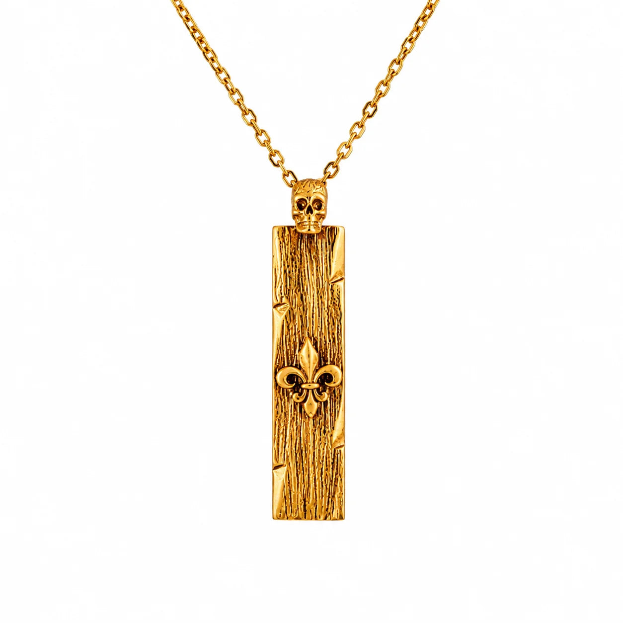 Wood Grain Fleur De Lis Skull Bar  Necklace Charmora Jewelry