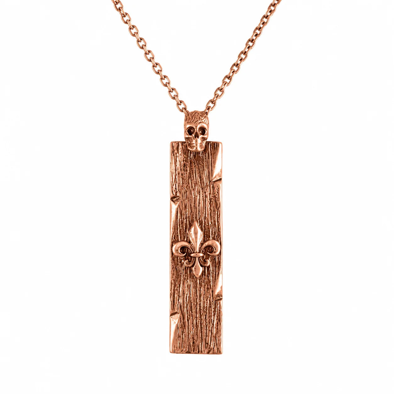 Wood Grain Fleur De Lis Skull Bar  Necklace Charmora Jewelry