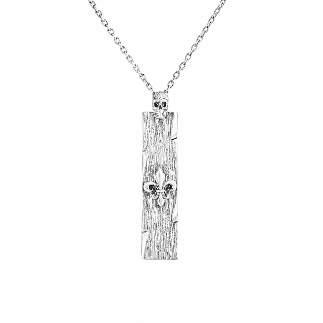 Wood Grain Fleur De Lis Skull Bar  Necklace Charmora Jewelry