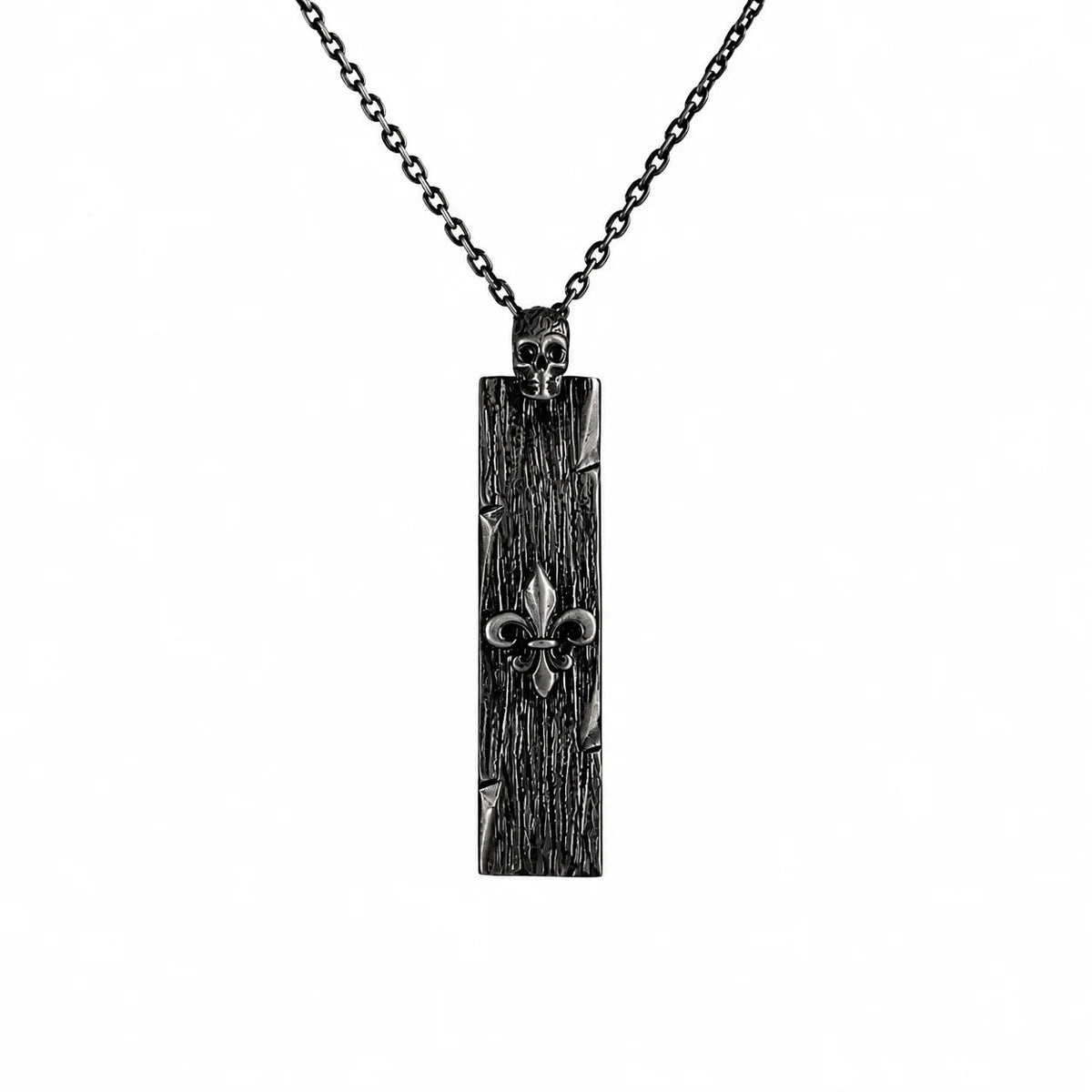 Wood Grain Fleur De Lis Skull Bar  Necklace Charmora Jewelry