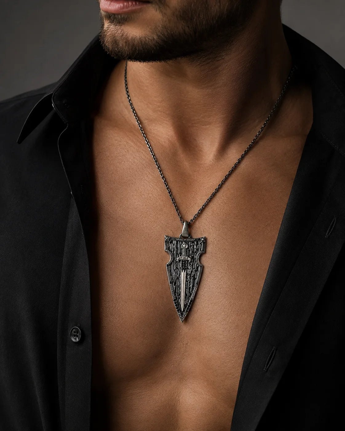 Onyx Detailed Sword Shield Warrior  Necklace Charmora Jewelry