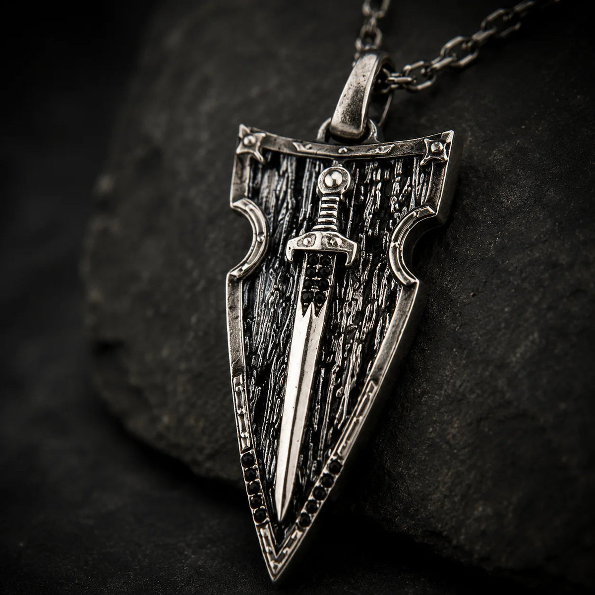 Onyx Detailed Sword Shield Warrior  Necklace Charmora Jewelry