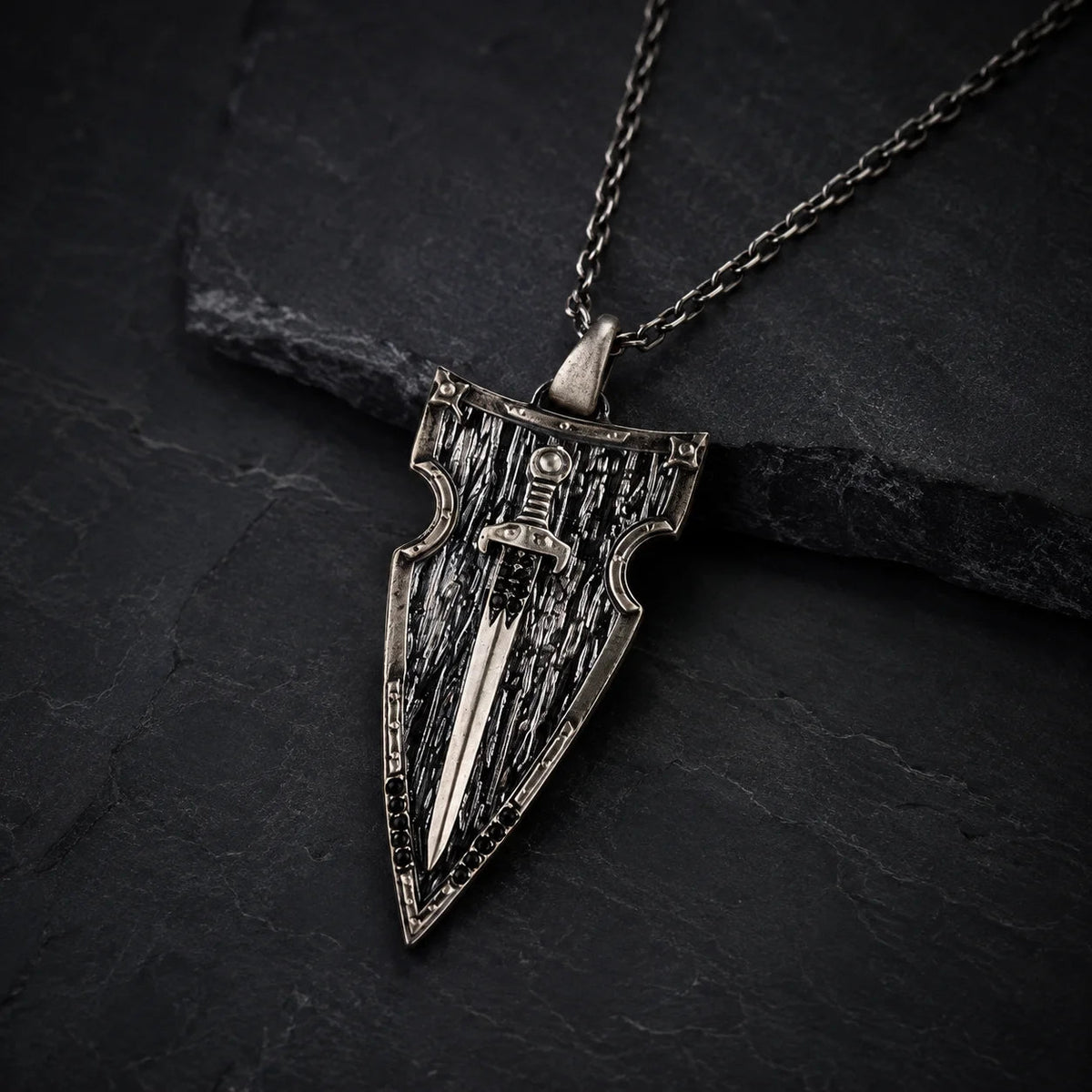 Onyx Detailed Sword Shield Warrior  Necklace Charmora Jewelry