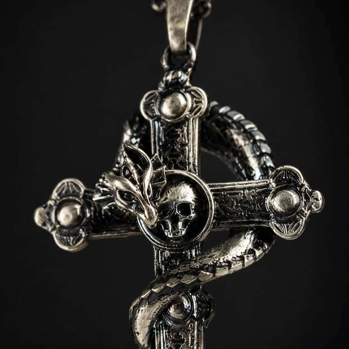 Serpent Coiled Skull Cross Necklace  Necklace Charmora Jewelry