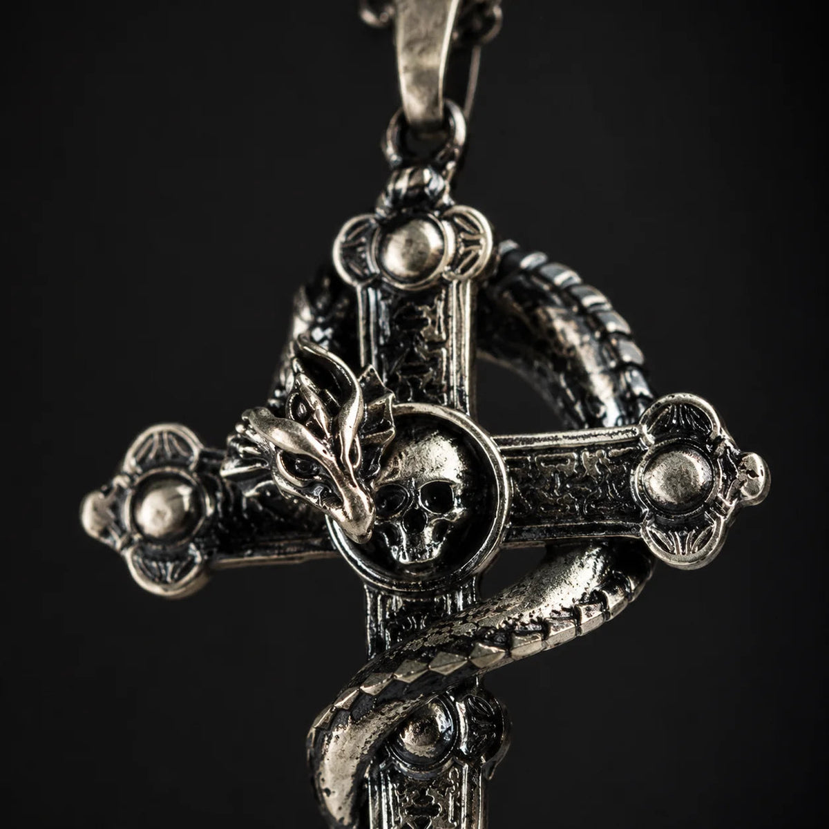 Serpent Coiled Skull Cross Necklace  Necklace Charmora Jewelry