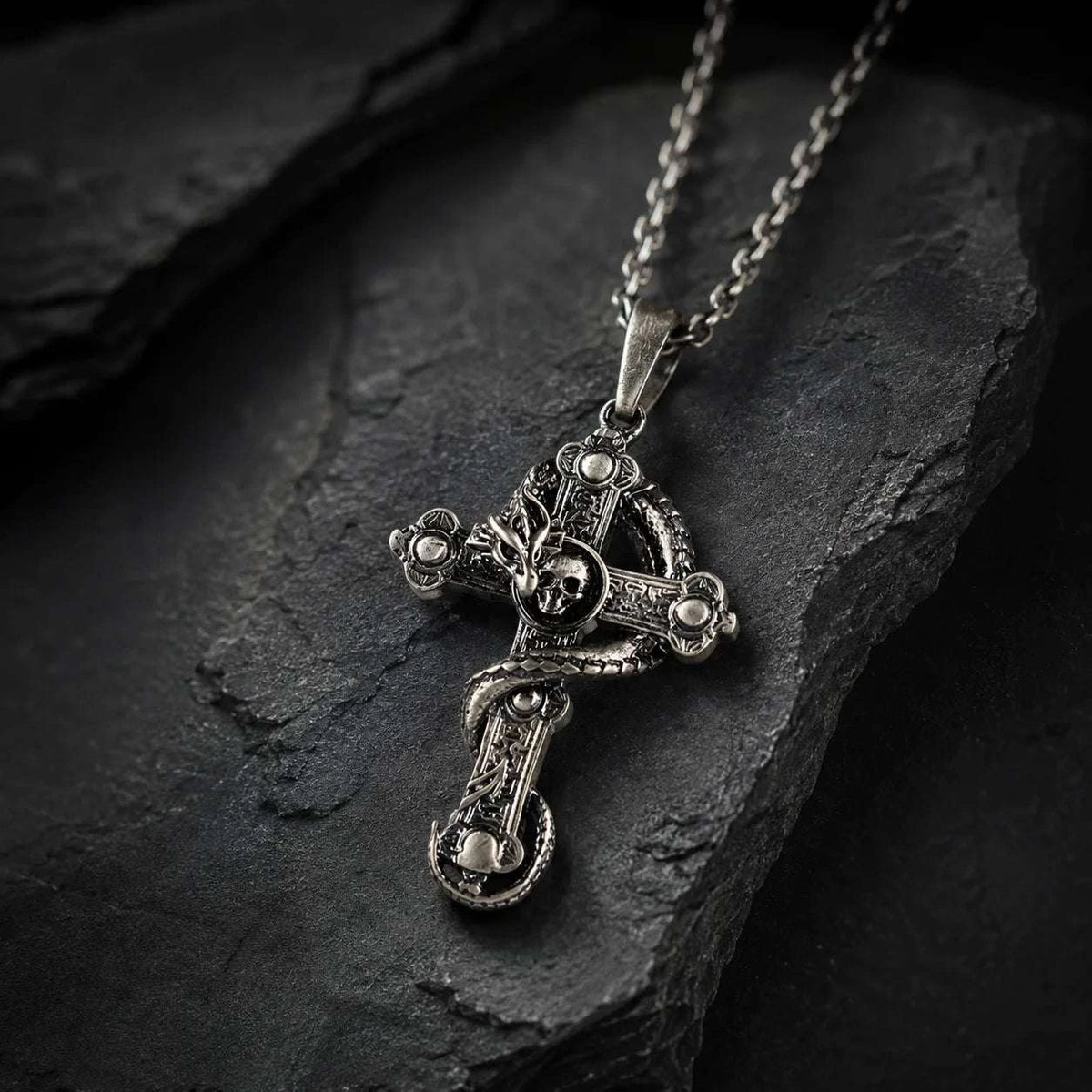 Serpent Coiled Skull Cross Necklace  Necklace Charmora Jewelry