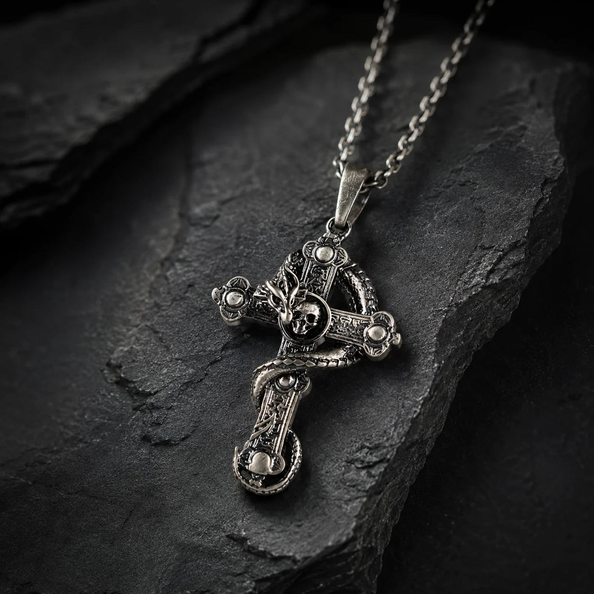 Serpent Coiled Skull Cross Necklace  Necklace Charmora Jewelry