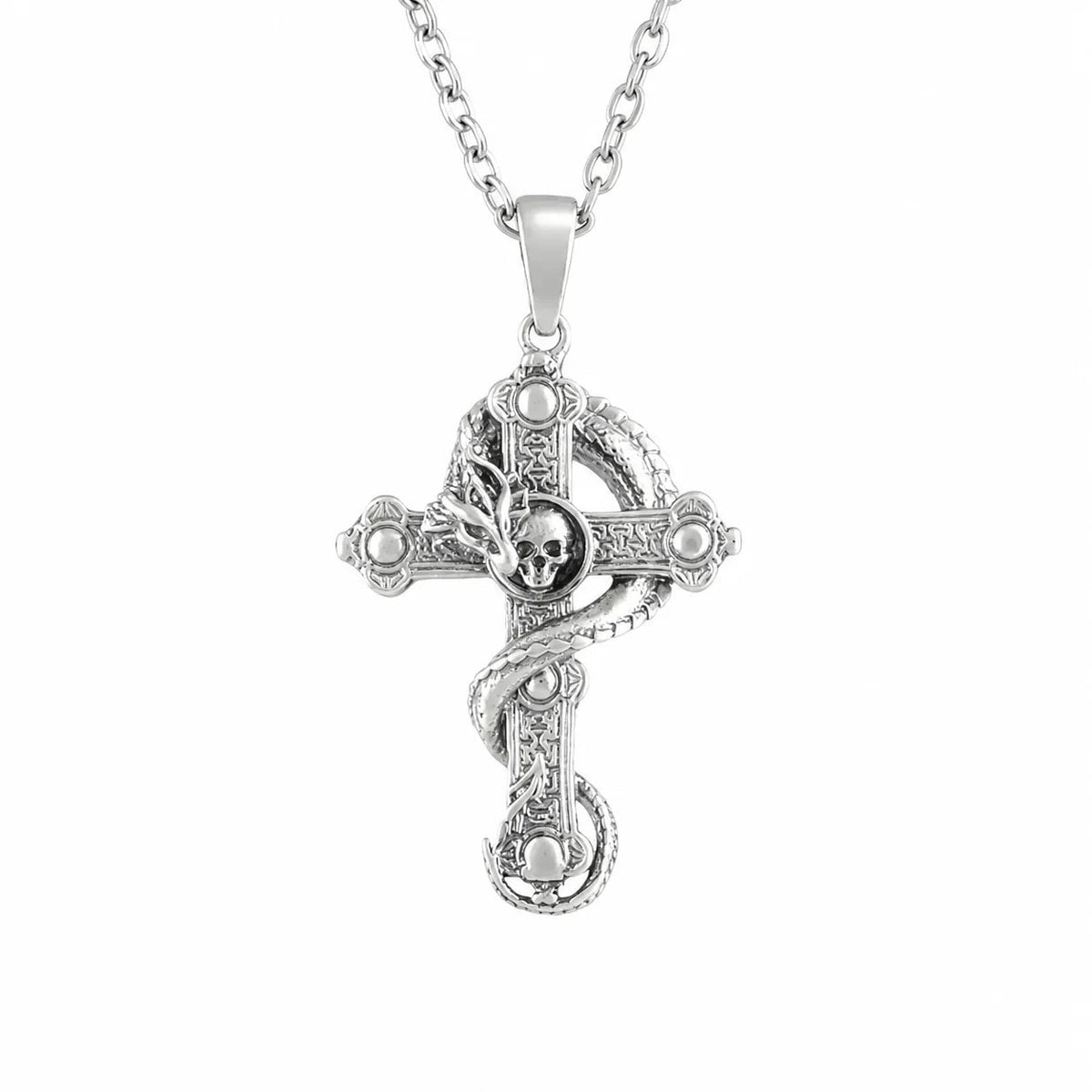 Serpent Coiled Skull Cross Necklace  Necklace Charmora Jewelry